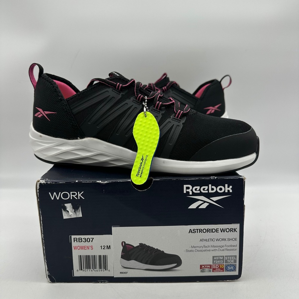 Reebok RB307 Women Size 12 Astroride Work Steel Toe Safety Shoes Black/Pink SD10
